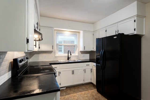 kitchen featuring sink, black fridge with ice dispenser, stainless steel electric stove, and white cabinets