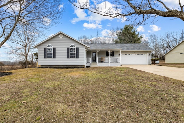 ranch-style house with a garage, a front lawn, and covered porch