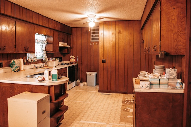 17162 Edgewood Dr, Winona, MO 65588 - kitchen featuring sink, ceiling fan, wooden walls, kitchen peninsula, and white gas stove