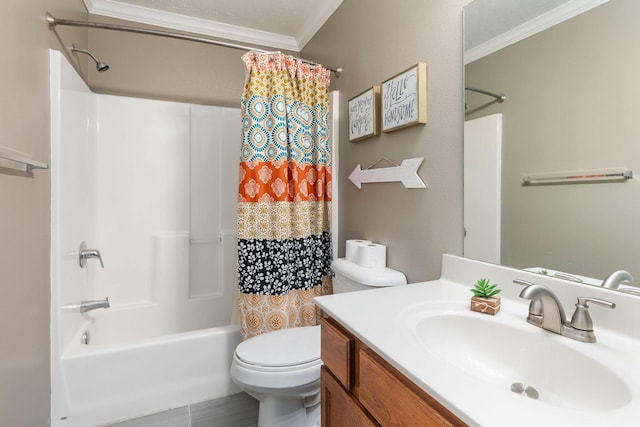 130 A St, Taneyville, MO 65759 - full bathroom with shower / bath combo with shower curtain, ornamental molding, toilet, and vanity