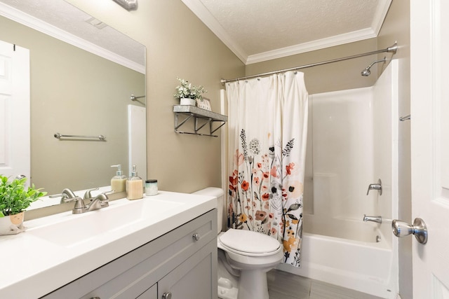 130 A St, Taneyville, MO 65759 - full bathroom with vanity, shower / tub combo, toilet, crown molding, and a textured ceiling