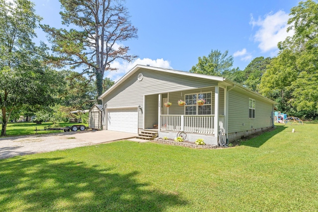 130 A St, Taneyville, MO 65759 - view of front of property featuring a garage, a front lawn, and a porch