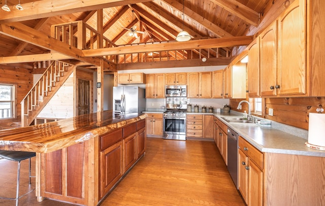 kitchen featuring a kitchen island, appliances with stainless steel finishes, wooden walls, sink, and wooden ceiling