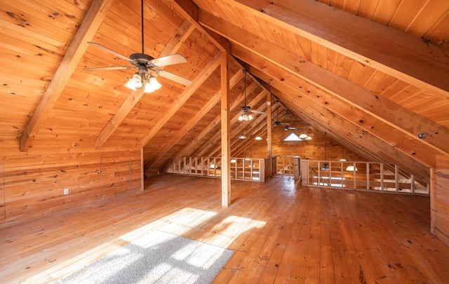 bonus room with lofted ceiling with beams, wooden walls, hardwood / wood-style floors, and wood ceiling