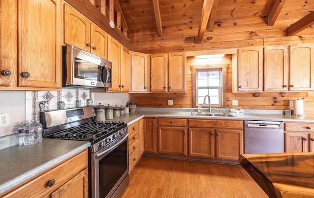 kitchen with sink, appliances with stainless steel finishes, light hardwood / wood-style floors, wooden ceiling, and wood walls