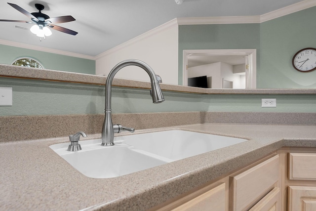 interior details with ceiling fan, ornamental molding, and sink