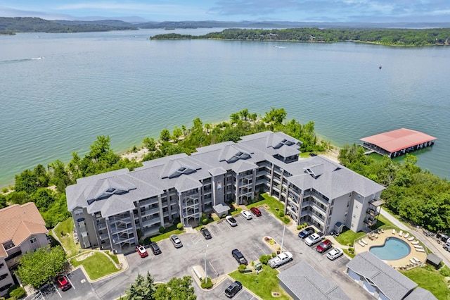 aerial view featuring a water view