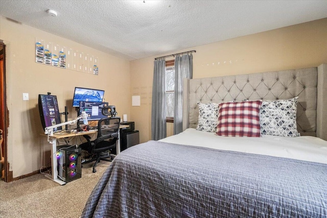 carpeted bedroom with a textured ceiling