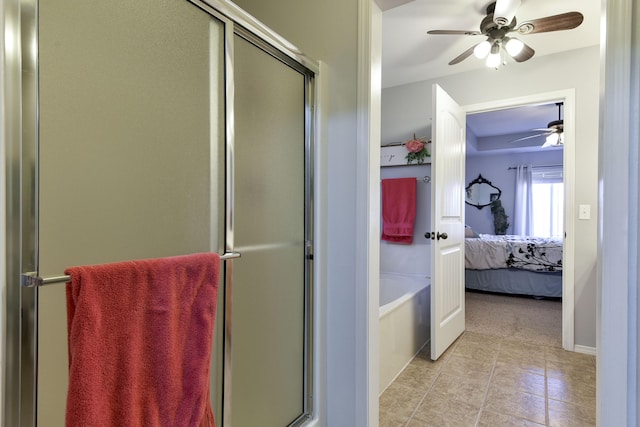 bathroom with ceiling fan, tile patterned floors, and independent shower and bath