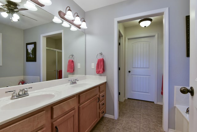 bathroom with vanity, independent shower and bath, and ceiling fan