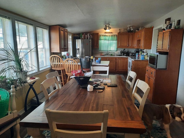 dining room featuring lofted ceiling, sink, and a textured ceiling