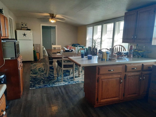 kitchen featuring dark hardwood / wood-style flooring, ceiling fan, a textured ceiling, and white refrigerator