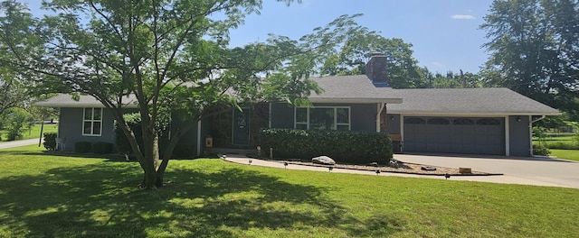 single story home with a garage and a front lawn