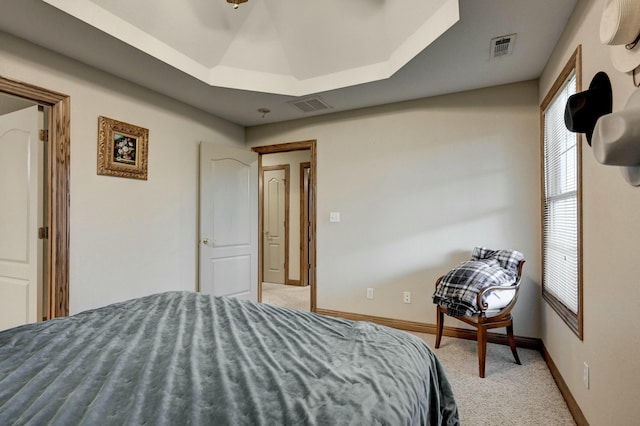 carpeted bedroom with a raised ceiling