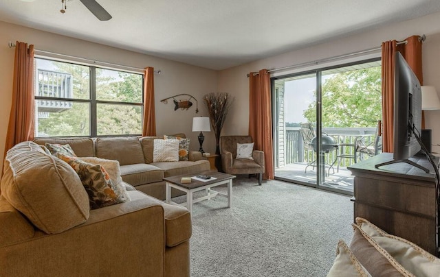 living room featuring ceiling fan, carpet floors, and a healthy amount of sunlight