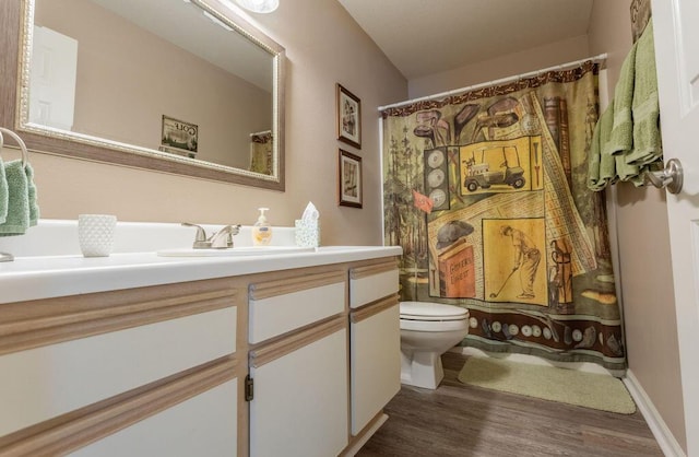 bathroom with vanity, toilet, and hardwood / wood-style floors