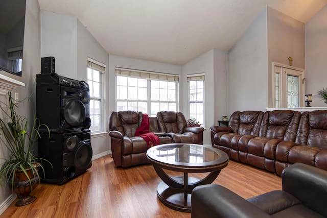 living room featuring lofted ceiling and wood-type flooring