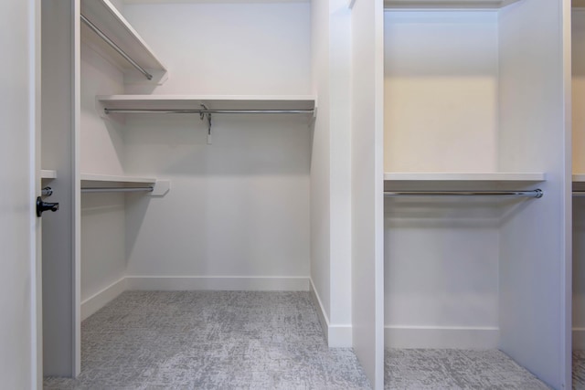 spacious closet featuring light colored carpet