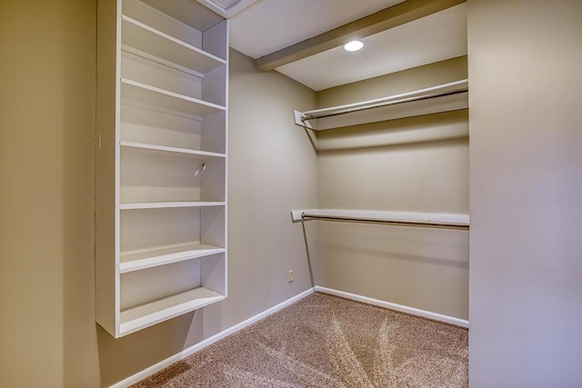 walk in closet featuring carpet floors and beamed ceiling