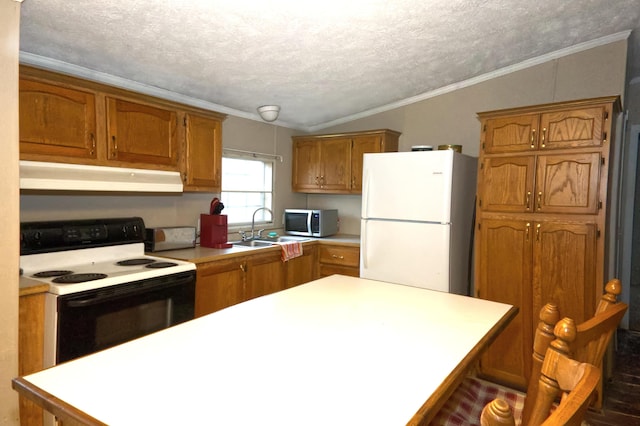 kitchen featuring sink, crown molding, a textured ceiling, white fridge, and range with electric cooktop