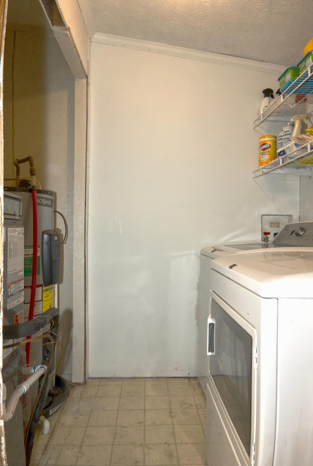 laundry room with washer hookup, crown molding, water heater, and a textured ceiling