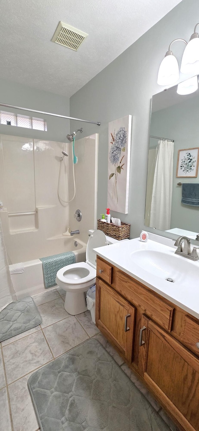 full bathroom with lofted ceiling, shower / bathtub combination with curtain, vanity, a textured ceiling, and toilet