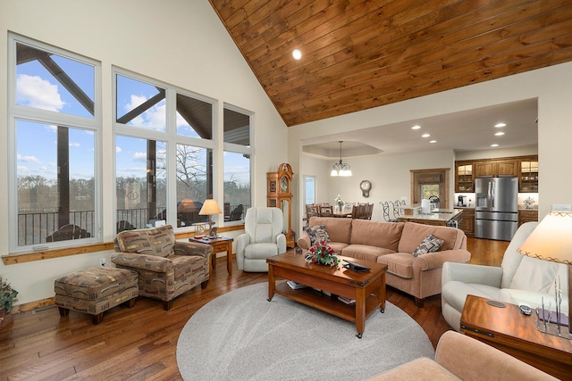 living room with sink, wood-type flooring, a chandelier, high vaulted ceiling, and wooden ceiling