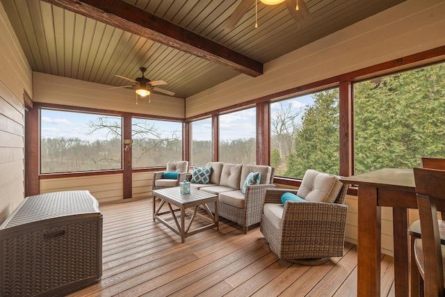 sunroom with beamed ceiling, ceiling fan, and wood ceiling