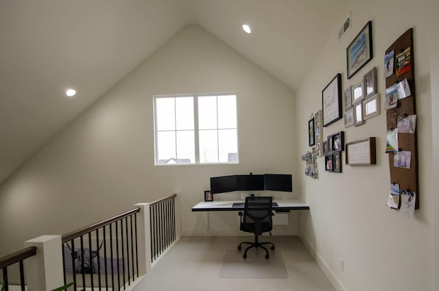 office space with lofted ceiling