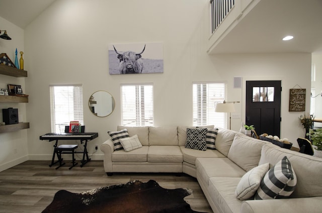 living room featuring dark hardwood / wood-style flooring and high vaulted ceiling