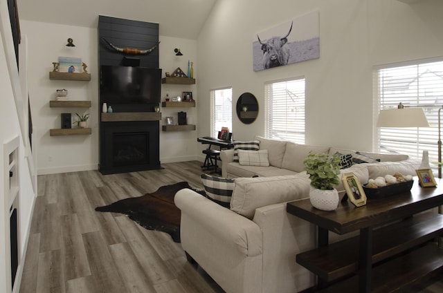 living room with hardwood / wood-style floors, a fireplace, and high vaulted ceiling