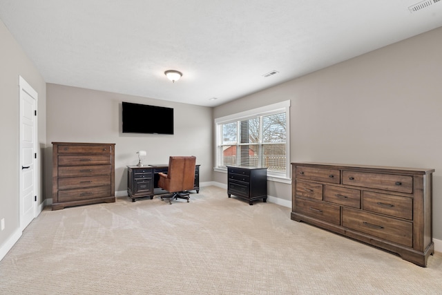 home office with light colored carpet