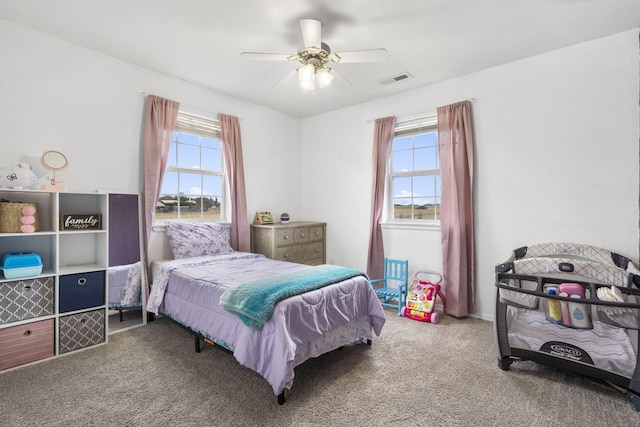 bedroom featuring carpet flooring and ceiling fan