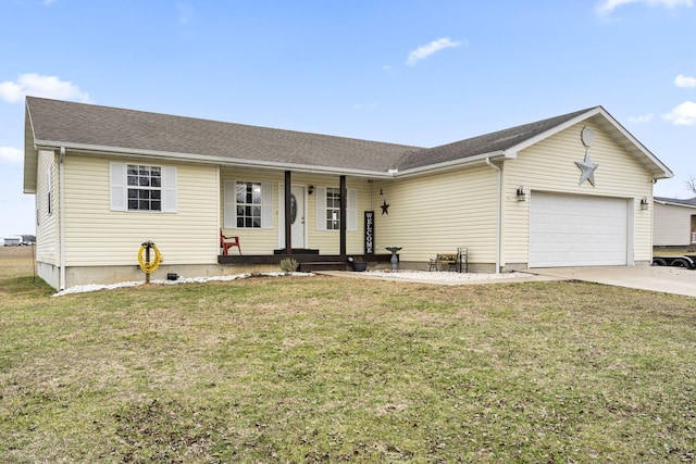 ranch-style home featuring a garage, a porch, and a front lawn