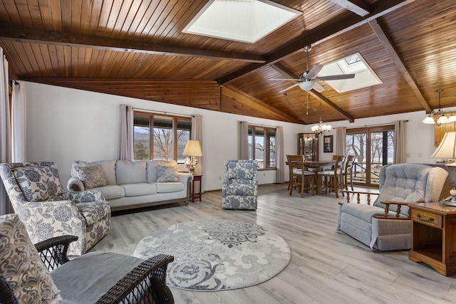 living room with an inviting chandelier, wood ceiling, light hardwood / wood-style flooring, and lofted ceiling with skylight