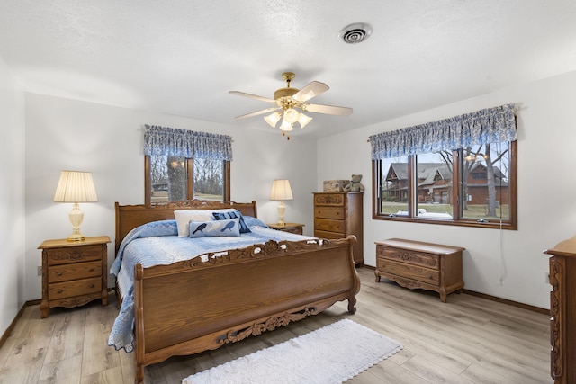 bedroom featuring ceiling fan and light wood-type flooring