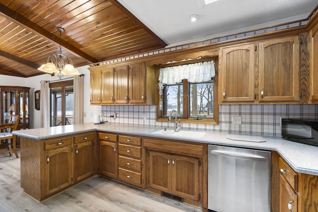 kitchen with sink, hanging light fixtures, dishwasher, kitchen peninsula, and beamed ceiling