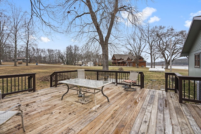 wooden deck featuring a water view and a yard