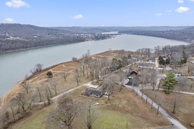 drone / aerial view featuring a water view