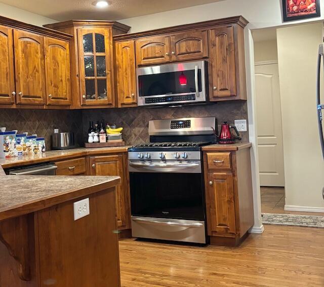 kitchen featuring backsplash, light hardwood / wood-style flooring, and appliances with stainless steel finishes