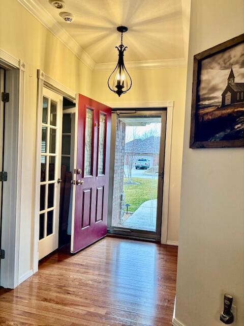 foyer featuring ornamental molding and wood-type flooring