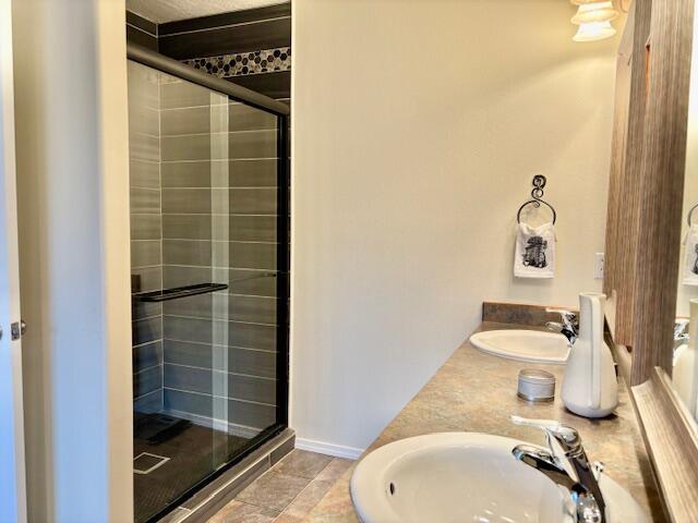 bathroom with a shower with door and vanity