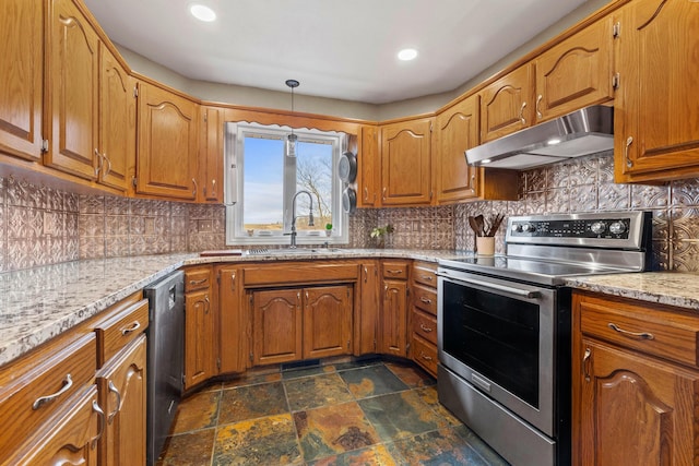 kitchen with stainless steel electric stove, dishwasher, decorative backsplash, hanging light fixtures, and light stone countertops