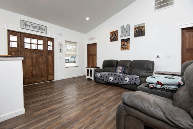 living room featuring dark hardwood / wood-style flooring, high vaulted ceiling, and a healthy amount of sunlight