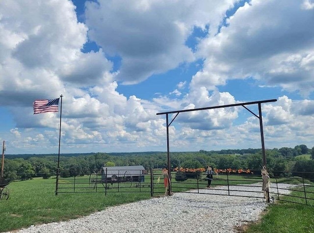 view of community featuring a lawn and a rural view