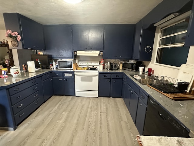 kitchen featuring white electric range, sink, dark stone countertops, dishwasher, and light hardwood / wood-style floors