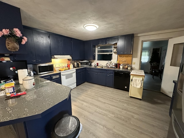 kitchen with white electric range, light hardwood / wood-style flooring, dishwasher, a textured ceiling, and kitchen peninsula