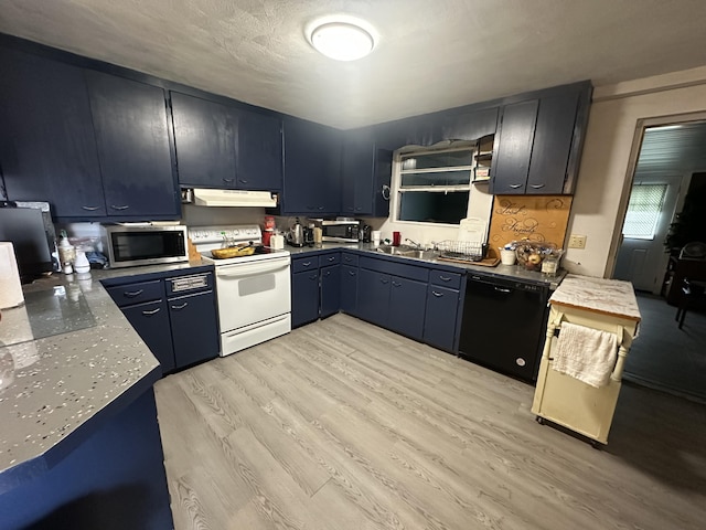 kitchen with black dishwasher, sink, white range with electric stovetop, and light hardwood / wood-style flooring