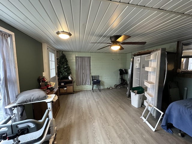 interior space featuring ceiling fan, wooden ceiling, and light wood-type flooring