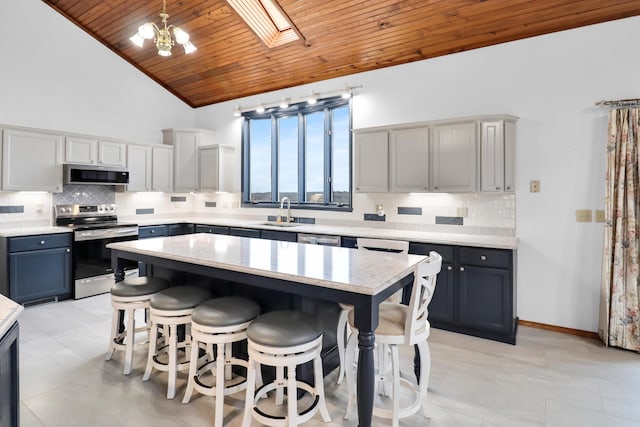 kitchen with a skylight, sink, a center island, wood ceiling, and stainless steel appliances